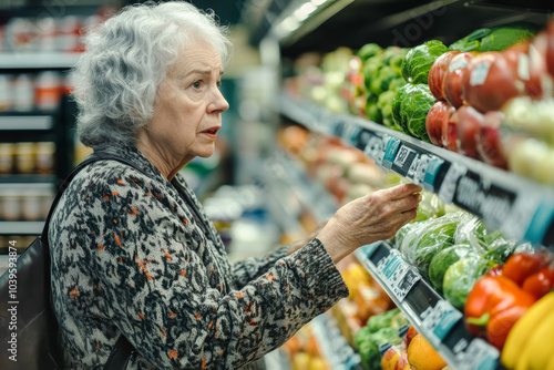 Stylish older woman sampling fresh organic vegetables in a grocery store during a shopping trip captured in hyper-realistic detail