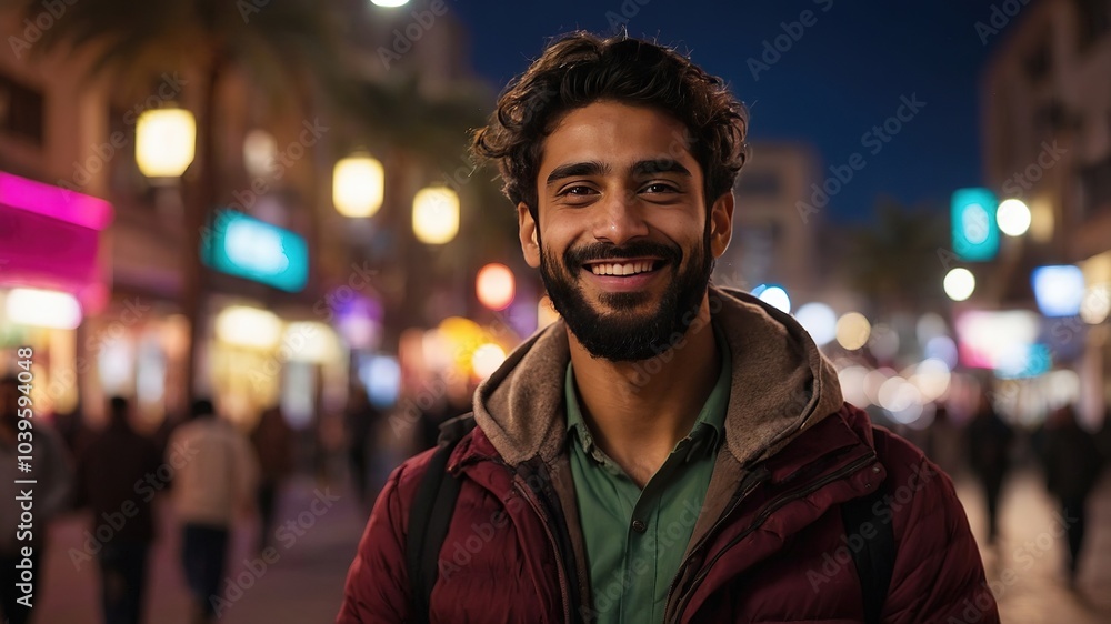 Smiling Arab Man with Smartphone at Night - Candid Photography Smiling Arab Man with Smartphone at Night - Candid Photography
