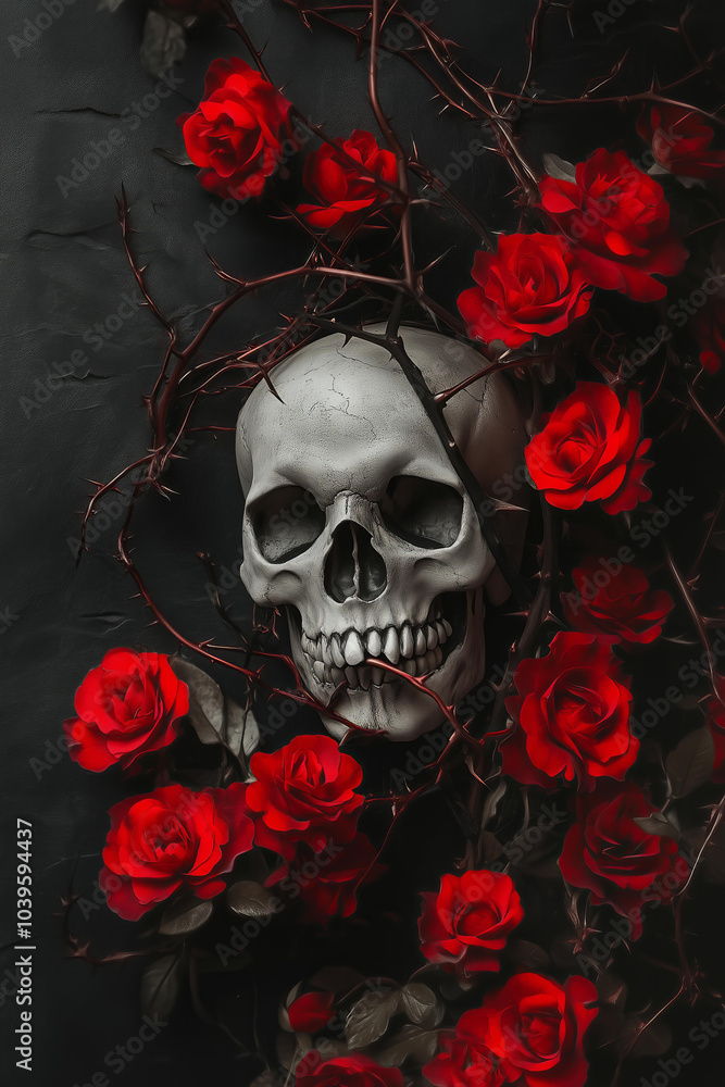 Gothic skull and red roses with thorns background, dark romance book cover aesthetic Gothic skull and red roses with thorns background, dark romance book cover aesthetic