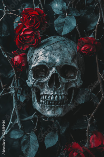 Gothic skull and red roses with thorns background, dark romance book cover aesthetic