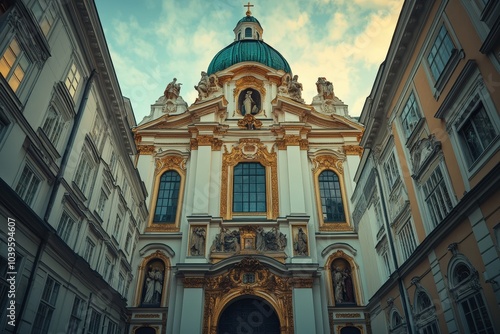 Cathedral of St. Michael and St. Gudula - medieval Roman Catholic church in central Brussels, Belgium. Beautiful simple AI generated image photo