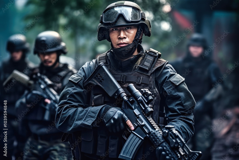 Chinese soldier stands ready with weapon in urban environment while comrades prepare for mission during a tactical operation Chinese soldier stands ready with weapon in urban environment while comrades prepare for mission during a tactical operation