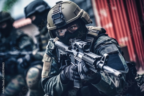 Chinese soldier in tactical gear assumes a defensive stance during a training exercise at a military facility, showcasing focus and readiness photo