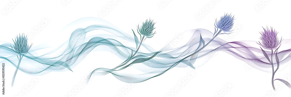 Abstract floral design with blue and purple flowers and flowing lines. Abstract floral design with blue and purple flowers and flowing lines.