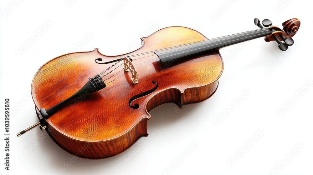 Fototapeta premium Classic cello with a rich wooden body and bow, isolated on white background