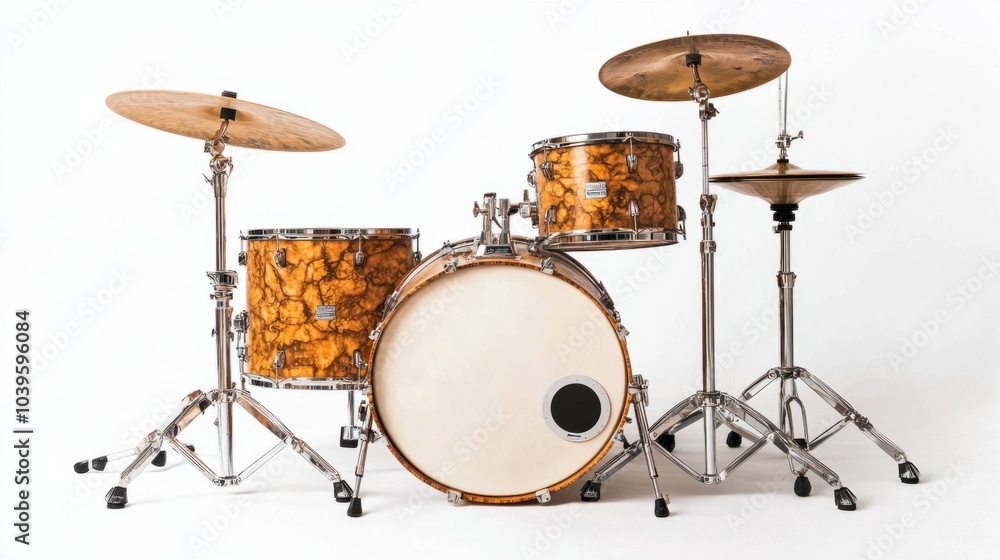 Classic drum set with snare, bass, and cymbals, isolated on white background Classic drum set with snare, bass, and cymbals, isolated on white background