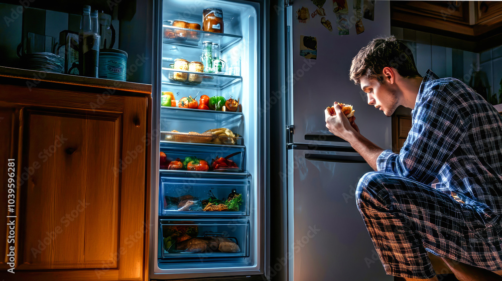 A young man in pajamas enjoying a late-night snack while squatting next to an open refrigerator filled with food at home A young man in pajamas enjoying a late-night snack while squatting next to an open refrigerator filled with food at home