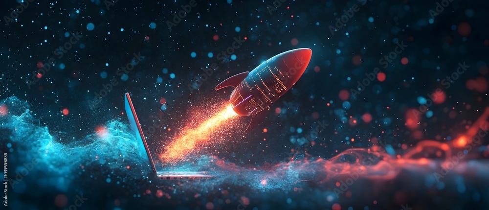 Rocket Bursting Through Laptop Screen with Futuristic Digital Waves Rocket Bursting Through Laptop Screen with Futuristic Digital Waves