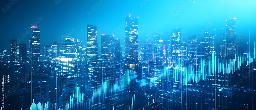Abstract Cityscape with Overlaid Financial Data Visualizations on Blue Background Abstract Cityscape with Overlaid Financial Data Visualizations on Blue Background