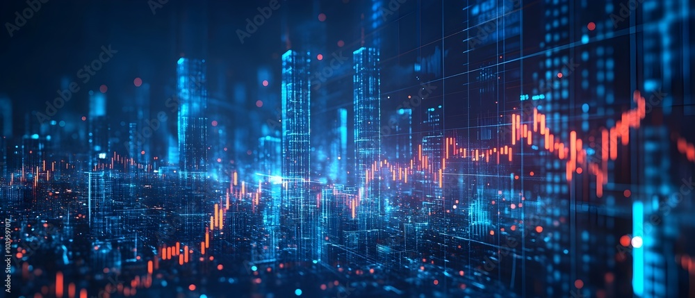 Abstract Cityscape with Overlaid Financial Data Visuals on Blue Background Abstract Cityscape with Overlaid Financial Data Visuals on Blue Background