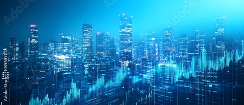 Wallpaper Mural Abstract Cityscape with Overlaid Financial Data Visualizations on Blue Background Torontodigital.ca