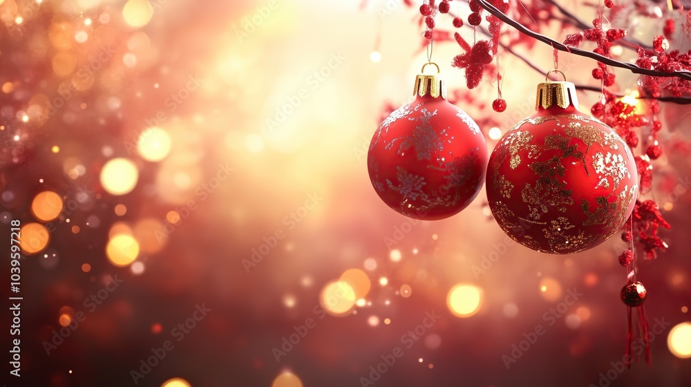 Vibrant red Chinese lanterns gracefully hanging from a beautifully decorated Christmas tree, set against a stunning bokeh background 2026 - 2027. Vibrant red Chinese lanterns gracefully hanging from a beautifully decorated Christmas tree, set against a stunning bokeh background 2026 - 2027.