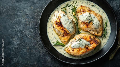 Top-down shot of baked chicken breast with creamy sauce set against a table with room for copy