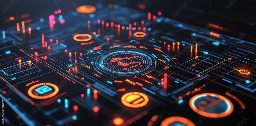 A close-up view of a futuristic digital interface with glowing blue and orange lines, circles, and a map in the center, representing a global network, data flow, or digital technology. A close-up view of a futuristic digital interface with glowing blue and orange lines, circles, and a map in the center, representing a global network, data flow, or digital technology.