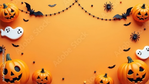 Frame Halloween party decorations on orange background with copy space.  Flat lay composition with pumpkins, ghosts, bats, spiders and bunting garland. Happy Halloween Invite