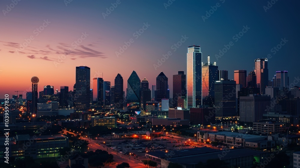 Obraz premium Bustling City Skyline at Dusk with Skyscrapers