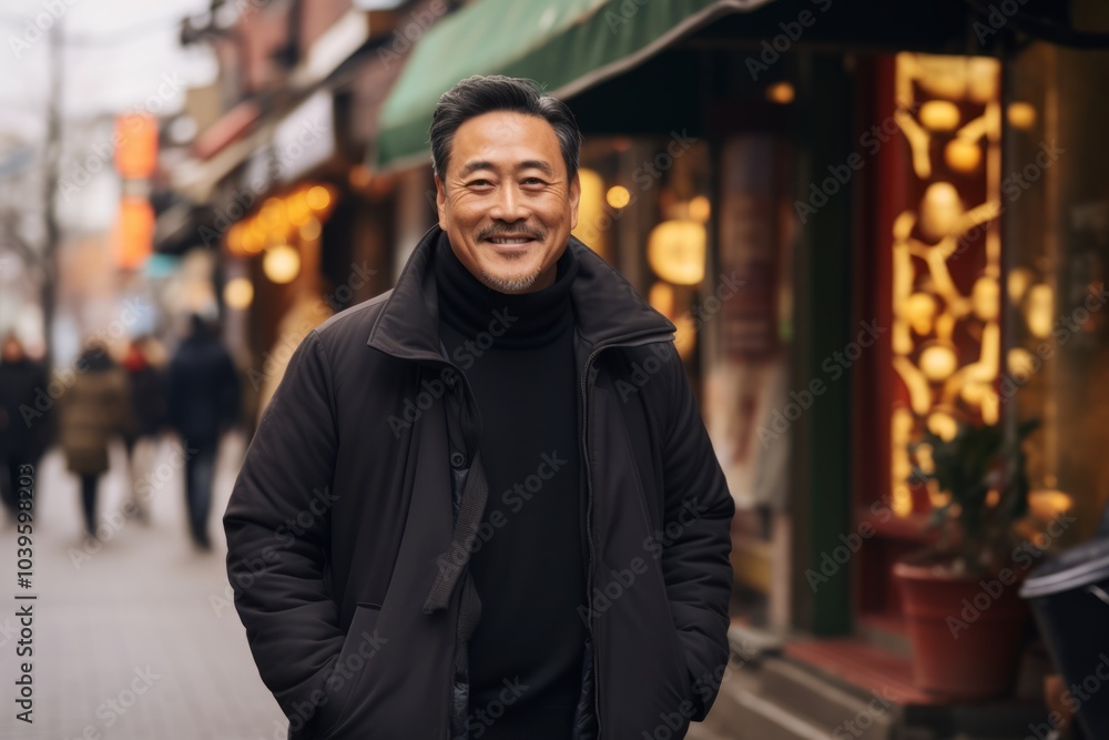 Portrait of a handsome Asian man in a black coat and a black turtleneck standing on the street. Portrait of a handsome Asian man in a black coat and a black turtleneck standing on the street.