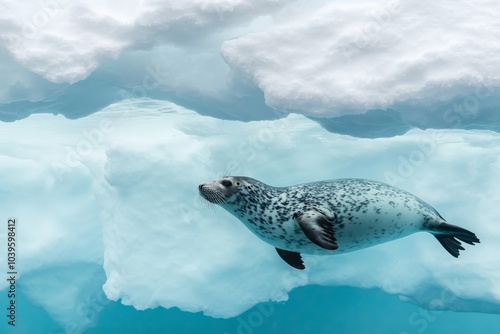 A seal glides gracefully beneath the ice sheets of the Arctic, its sleek form cutting through the crystal clear waters with ease and elegance. photo