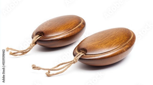 Pair of wooden castanets with strings attached, isolated on white background photo