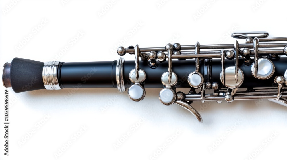 Fototapeta premium Polished black clarinet with silver keys, isolated on white background
