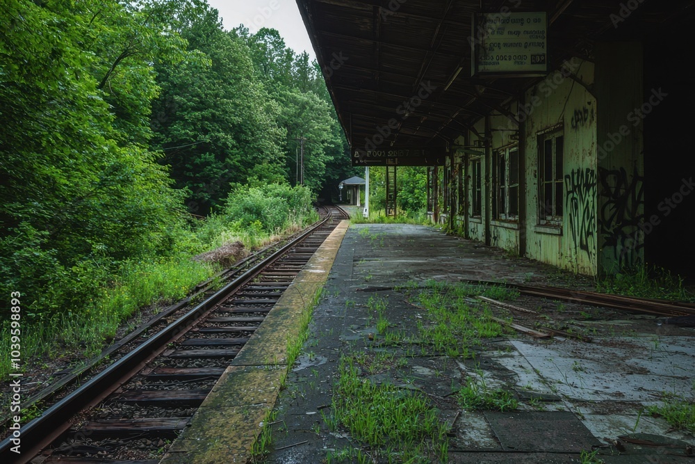 Obraz premium A forgotten train station with overgrown tracks, broken signs, and rusting rails, room for text on the platform, an image of lost journeys and the passage of time, steeped in solitude and abandonment.