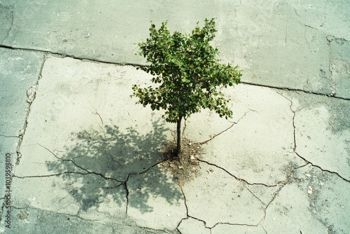 A lush green bush persistently grows through the cracks in a weathered street, blending natural vitality with urban decay in a striking image of survival. photo