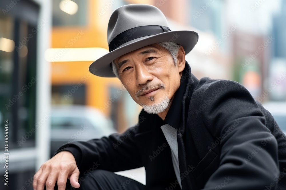 portrait of senior man wearing hat and coat sitting on the street portrait of senior man wearing hat and coat sitting on the street