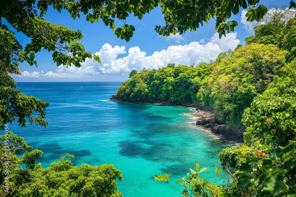 Experience a stunning view of an exotic bay framed by lush tropical greenery and the ocean, providing a perfect sense of seclusion and tranquility. Experience a stunning view of an exotic bay framed by lush tropical greenery and the ocean, providing a perfect sense of seclusion and tranquility.