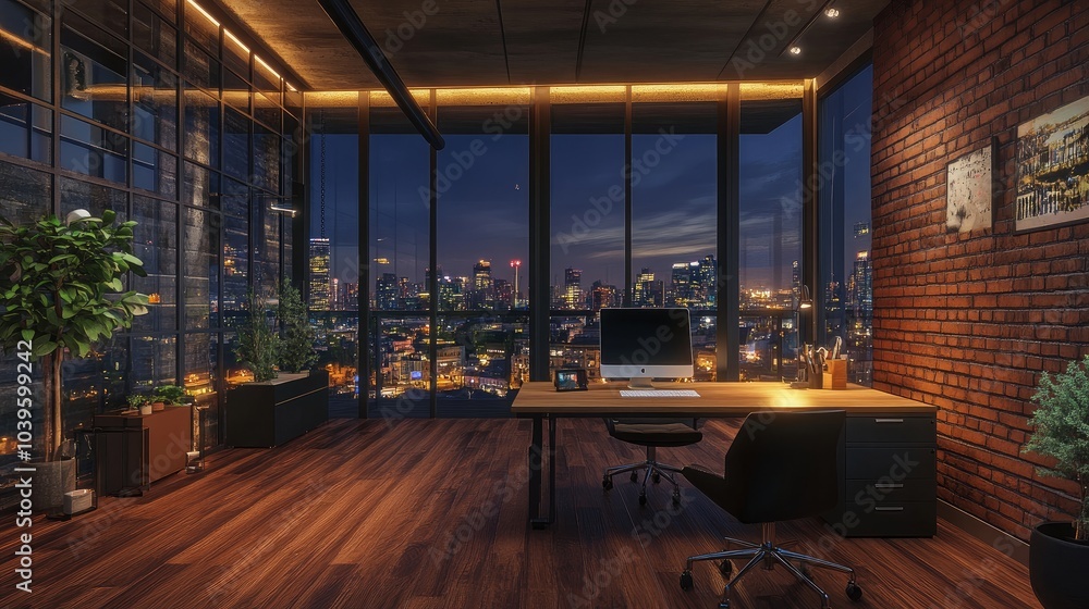 Coworking office space featuring a nighttime city view, a wooden floor, walls, and ceiling, and a blank computer monitor. Interior design in a country style. A mockup and a 3D render Coworking office space featuring a nighttime city view, a wooden floor, walls, and ceiling, and a blank computer monitor. Interior design in a country style. A mockup and a 3D render