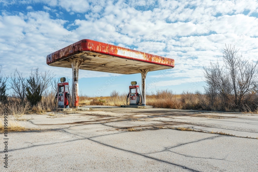 A lonely, decaying gas station on a desolate highway, rusted pumps, broken windows, and overgrown asphalt, with space in the sky for text, evoking isolation and abandonment in a barren landscape. A lonely, decaying gas station on a desolate highway, rusted pumps, broken windows, and overgrown asphalt, with space in the sky for text, evoking isolation and abandonment in a barren landscape.