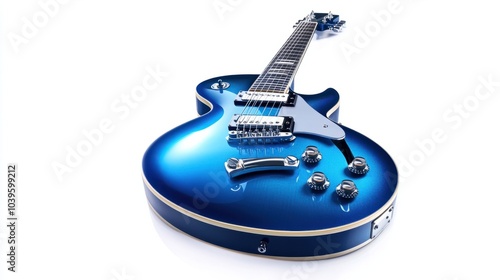 Shiny blue electric guitar with metallic strings, isolated on white background
