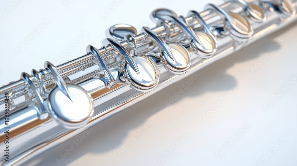 Fototapeta premium Shiny flute with polished silver body and detailed keys, isolated on white background