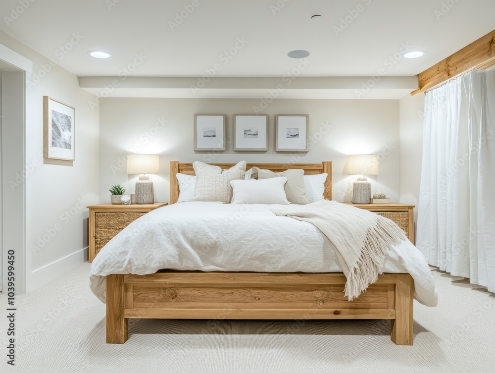Guest bedroom basement with light wood furniture, white walls, and soft pastel bedding for a peaceful and cozy atmosphere Guest bedroom basement with light wood furniture, white walls, and soft pastel bedding for a peaceful and cozy atmosphere