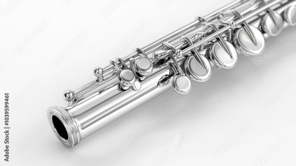 Fototapeta premium Shiny flute with polished silver body and detailed keys, isolated on white background