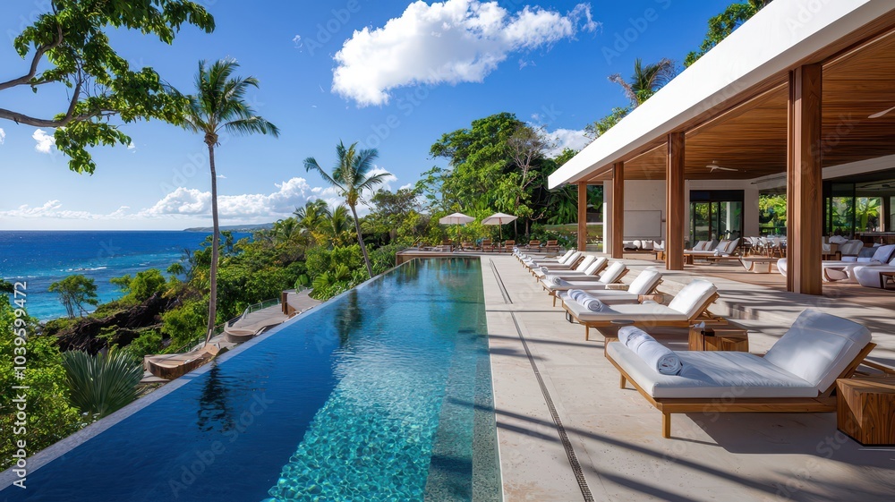 Fototapeta premium Exclusive sunny poolside oasis with chic loungers and refreshing blue waters for ultimate relaxation and luxury.