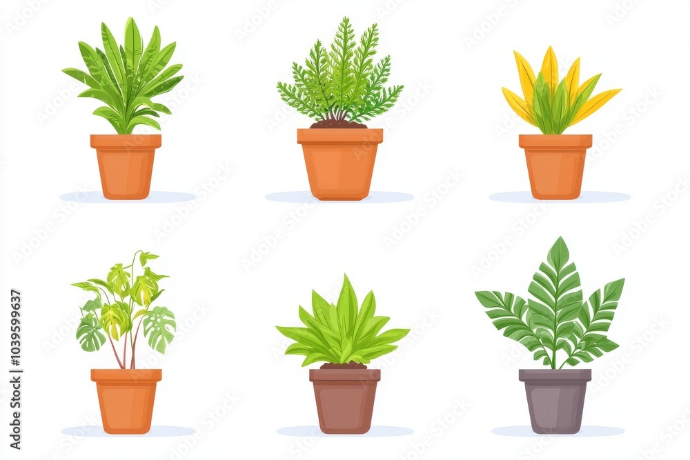 Fototapeta premium Collection of potted plants in terracotta and ceramic containers showcasing popular indoor plant species and modern home decor trends for green living spaces