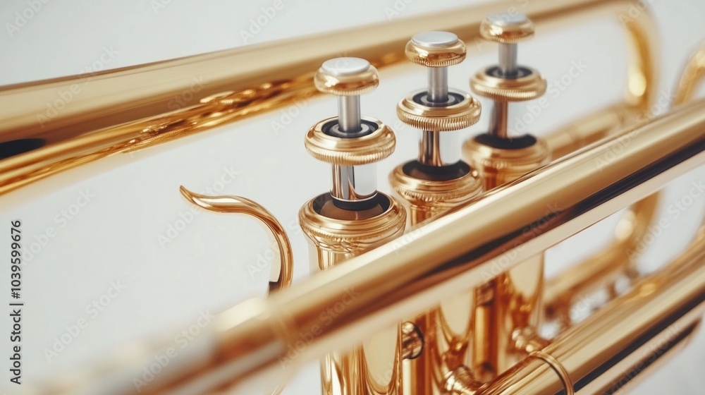 Obraz premium Shiny trumpet with golden brass finish and detailed valves, isolated on white background