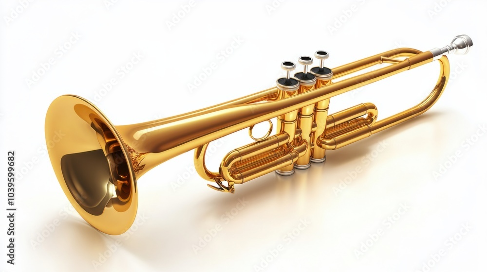 Obraz premium Shiny trumpet with golden brass finish and detailed valves, isolated on white background