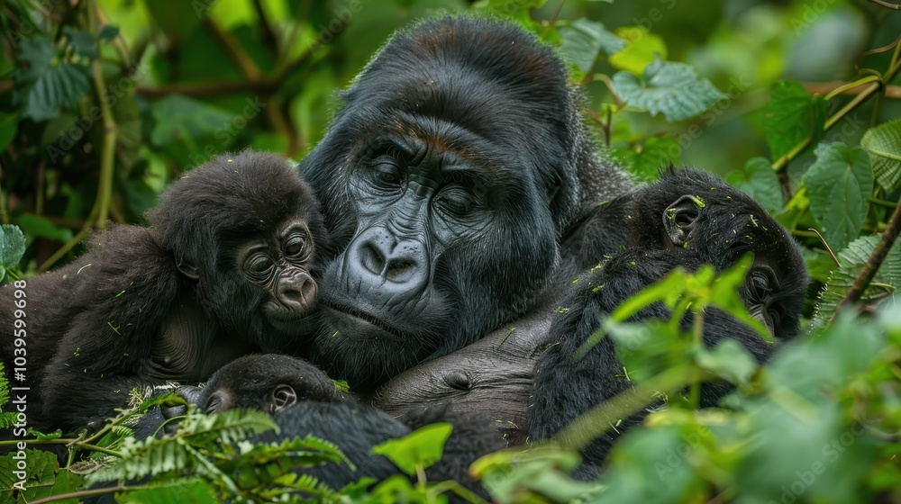Family of Mountain Gorillas Resting in Dense Greenery Family of Mountain Gorillas Resting in Dense Greenery
