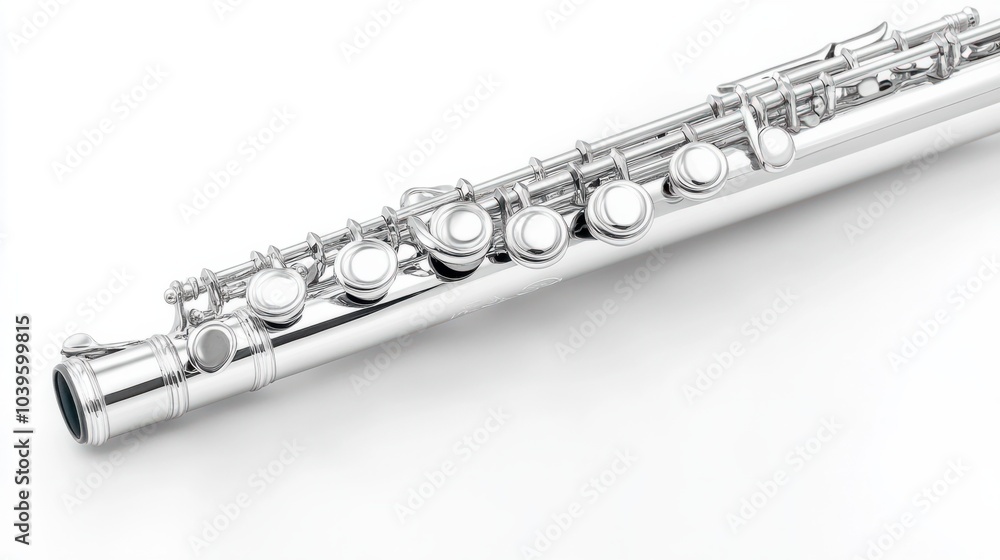 Fototapeta premium Silver piccolo with polished keys, isolated on white background