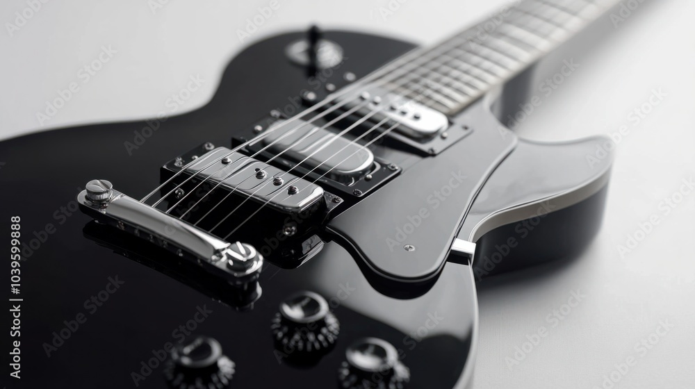 Sleek black electric guitar with detailed strings and knobs, isolated on white background Sleek black electric guitar with detailed strings and knobs, isolated on white background