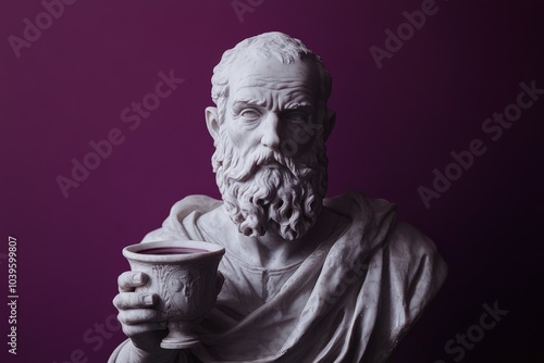 A detailed sculpture depicting a bearded figure in classical attire, holding a cup, with a purple background adding depth and drama to the scene.