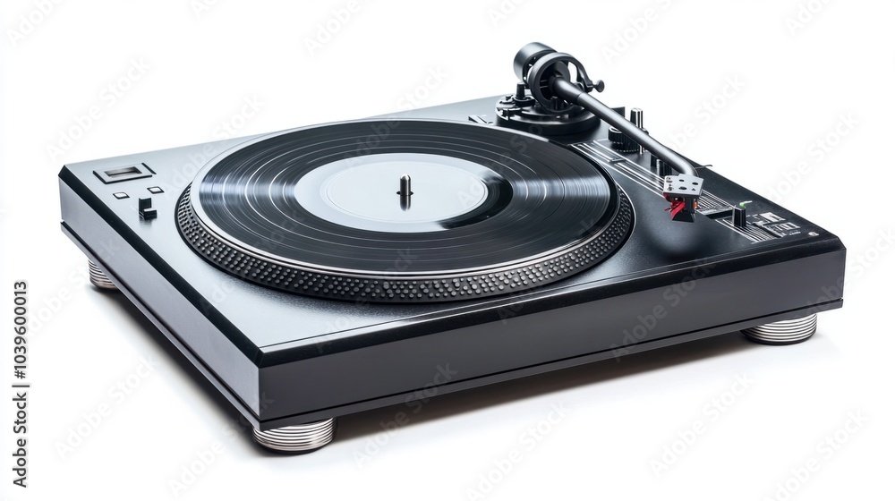 Sleek DJ turntable with black vinyl record, isolated on white background Sleek DJ turntable with black vinyl record, isolated on white background