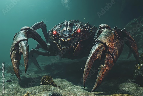 An immense crab with red luminous eyes roams the seabed, its spiny shell and massive claws form a captivating yet intimidating marine presence. photo