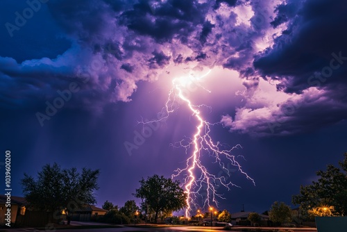 A vibrant display of lightning piercing through the night sky during a thunderstorm, illuminating the surrounding clouds and trees with vivid flashes of electricity. photo