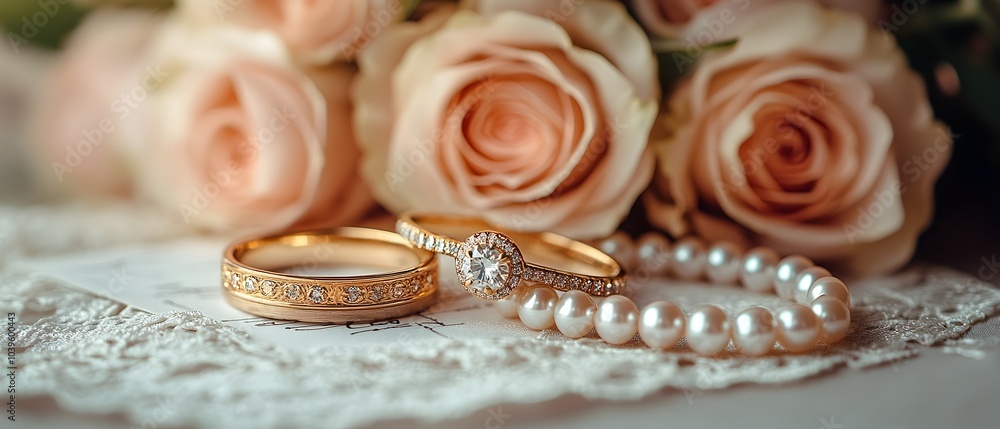 Romantic Flat Lay with Wedding Rings Handwritten Love Letter and Delicate Pearl Bracelet Romantic Flat Lay with Wedding Rings Handwritten Love Letter and Delicate Pearl Bracelet