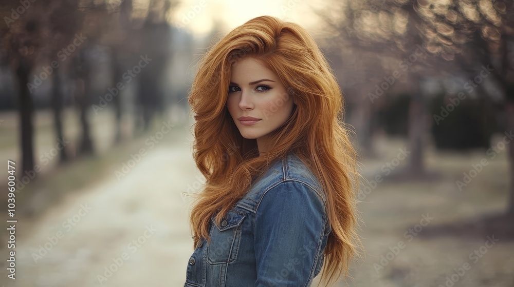A woman with long red hair stands in the midst of a dirt road, flanked by trees on either side A woman with long red hair stands in the midst of a dirt road, flanked by trees on either side