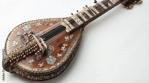 Traditional sitar with ornate wooden body and strings, isolated on white background