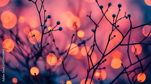  A tree branch in sharp focus with a blurred backdrop of lights and an indistinctive sky