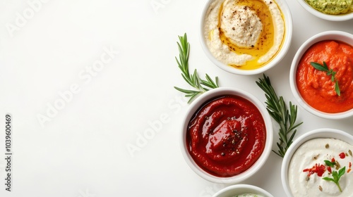 Neatly arranged bowls of various dips against a clean white background with space for designs